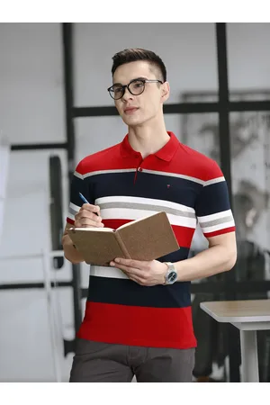 Louis Philippe Men Red & White Striped Polo Collar T-shirt