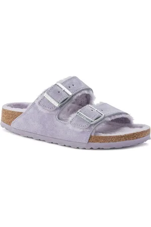 Birkenstock Arizona Shearling Purple Fog Narrow Width Suede Leather Two-Strap Sandals
