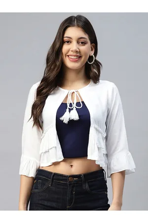 DEEBACO Women White Tie- Up Crop Shrug