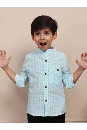 Biglilpeople Boys Tartan Checked Mandarin Collar Cotton Casual Shirt