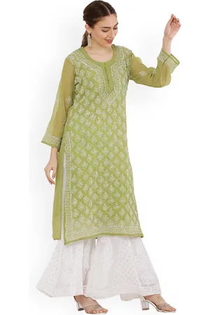 FAWOMENT Women Green Ethnic Motifs Embroidered Chikankari Handloom Georgette Kurta