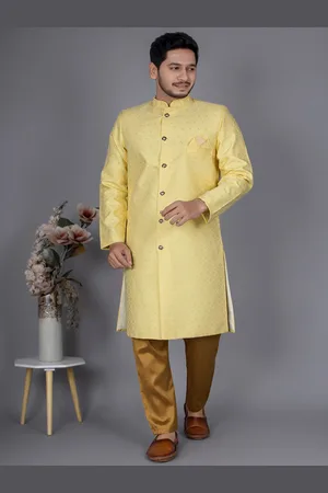 amzira Self Design Mandarin Collar Cotton Sherwani Set