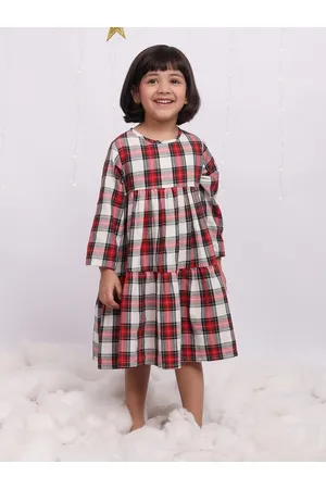 Biglilpeople Girls Checked Round Neck Long Sleeves Gathered Tiered Cotton A-Line Dress