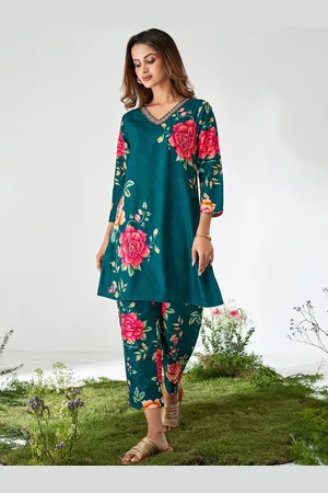 DRESOUL Floral Printed V-Neck Beads & Stones A-Line Kurta & Trouser