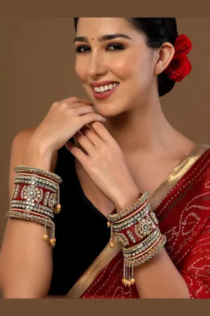 PANASH Set Of 18 Gold-Plated Stone-Studded & Pearls-Beaded Bangles Chuda Set