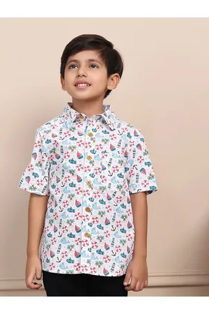 Biglilpeople Boys Straight Graphic Printed Spread Collar Short Sleeves Cotton Casual Shirt