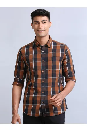 Bushirt Classic Tartan Checked Spread Collar Weave Corduroy Weave Casual Shirt