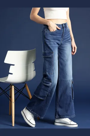 Mast & Harbour Women Wide Leg High-Rise Light Fade Stretchable Cargo Jeans