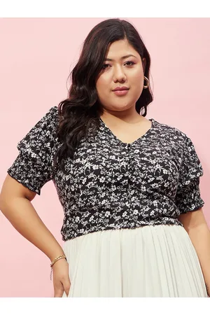 Berrylush Plus Size Floral Printed Puff Sleeves Smocked Regular Top