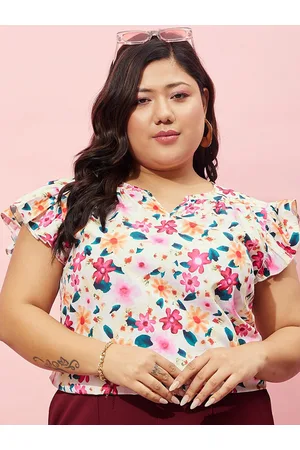 Berrylush Plus Size White & Pink Floral Printed Notched V-Neck Flutter Sleeves Top