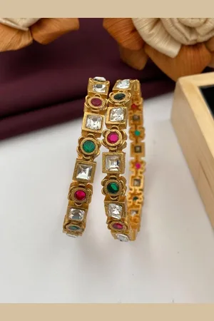 ATIBELLE Set Of 2 Gold-Plated Kundan-Studded Bangles