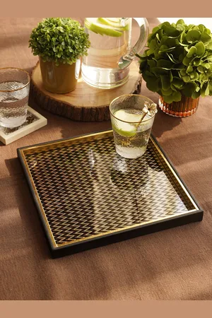 Pure Home and Living Black & Gold Toned Printed Glass Faux Leather Platter