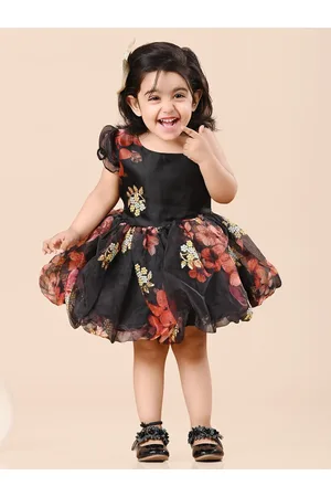 BAESD Girls Floral Printed One Shoulder Embroidered Organza & Cotton Fit and Flare Dress