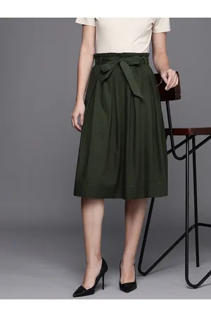 Kenneth Cole Pure Cotton Pleated A-Line Solid Skirt With Fabric Belt