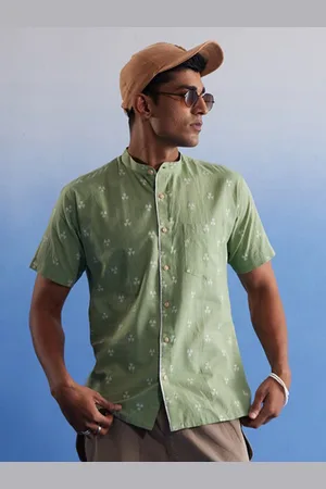 Vastramay Premium Ethnic Motifs Printed Band Collar Cotton Casual Shirt