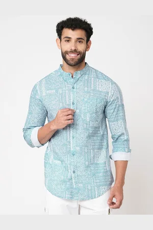 Blue Buddha Abstract Printed Band Collar Cotton Casual Shirt