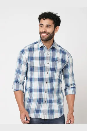 Blue Buddha Tartan Checked Spread Collar Cotton Casual Shirt