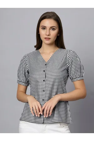 Chemistry Checked Puff Sleeves Pure Cotton Shirt Style Top