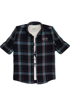 CAVIO Boys Comfort Tartan Checked Spread Collar Pure Cotton Casual Shirt With T-shirt
