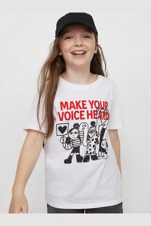 H&M HM Girls White Printed Pure Cotton T-shirt