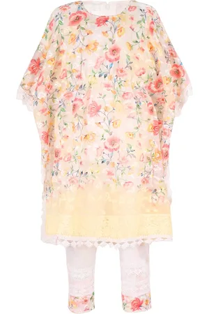 Wish Karo Girls Floral Printed Pure Silk Kaftan Kurta & Leggings