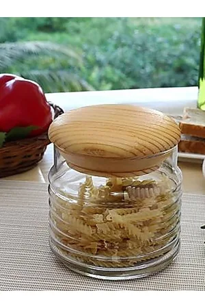 Pasabahce 2 Pcs Transparnt & Brown Babylon Glass Jar With Wooden Lid-630ml Each