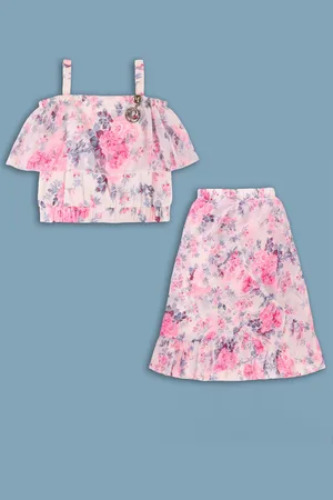 Wish Karo Girls Floral Printed Shoulder Strap Top With Skirt