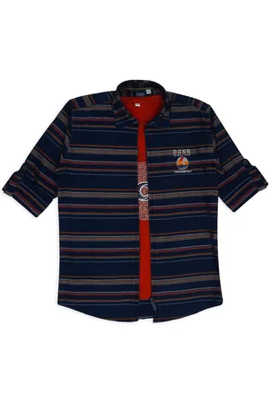 CAVIO Boys Comfort Horizontal Striped Spread Collar Pure Cotton Casual Shirt With T-shirt