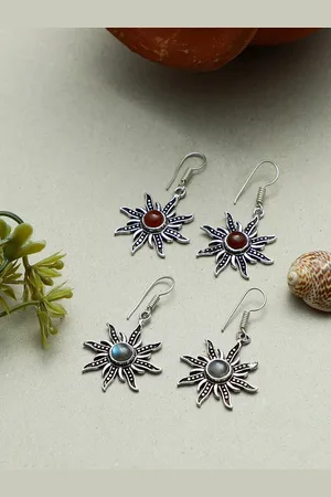 EL REGALO Set Of 2 Artificial Stones-Studded Oxidised Drop Earrings