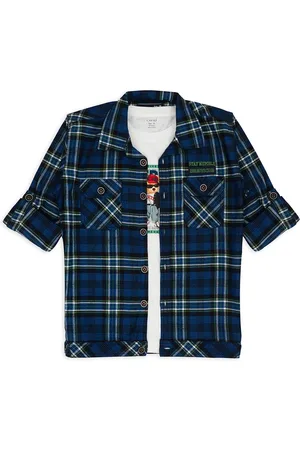 CAVIO Boys Comfort Tartan Checked Spread Collar Pure Cotton Casual Shirt With T-shirt