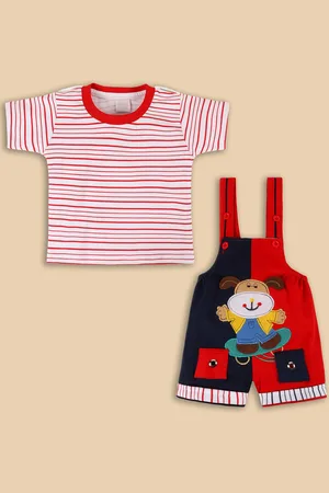 Wish Karo Infant Boys Monkey Applique Cotton Dungarees With T-Shirt