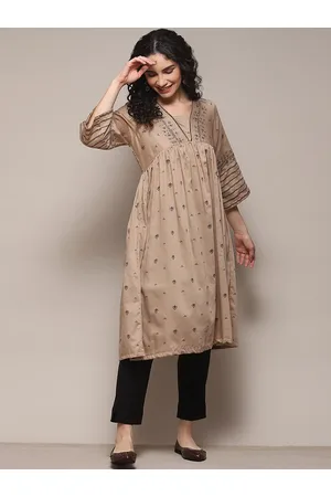 Biba Ethnic Motifs Woven Design V-Neck Empire Anarkali Cotton Kurta