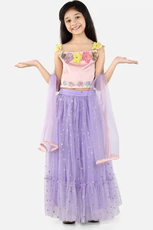 Fairies Forever Girls Purple & Pink Embellished Patchwork Ready to Wear Lehenga & Blouse With Dupatta