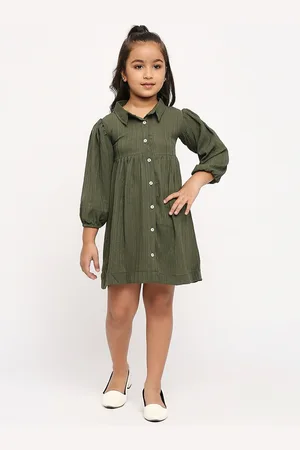 GUFRINA Girls Self Design Shirt Collar Puffed Sleeves A-Line Dress