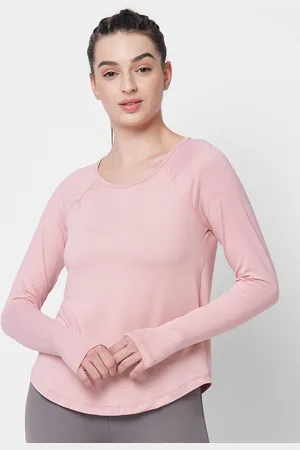 Fitkin Women Pink Raglan Sleeves Back Laser Cut T-shirt