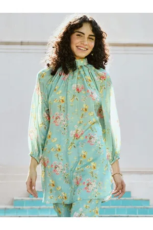 Jaipur Printed Turtle Neck Puffed Slevees Top With Trouser