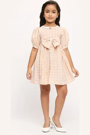 GUFRINA Girls Checked Puffed Sleeves Bow Fit & Flare Dress