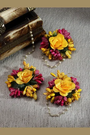 Kennice Gold-Plated Gota Patti Flower Haldi Mehandi Maang Tikka with Earrings