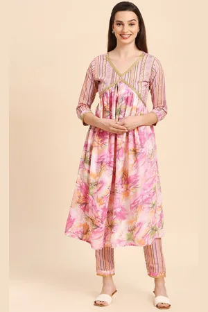 GUFRINA Floral Printed V-Neck Thread Work Empire A-Line Kurta with Trousers