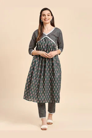 GUFRINA Ethnic Motifs Printed V-Neck Gotta Patti Empire A-Line Kurta with Trousers