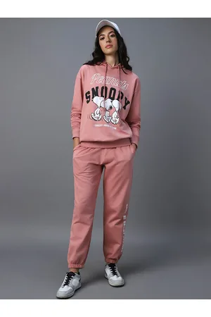 Bewakoof Pink Snoopy Printed Hooded Long Sleeves Sweatshirt With Joggers