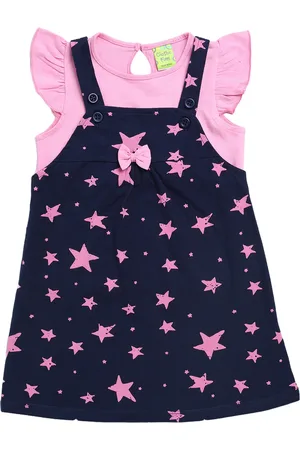 Clothe Funn Girls Stars Printed Cotton Pinafore Dress With Top