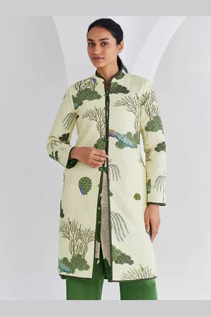 Ancestry Floral Printed Mandarin Collar Reversible Cotton Longline Ethnic Tailored Jacket