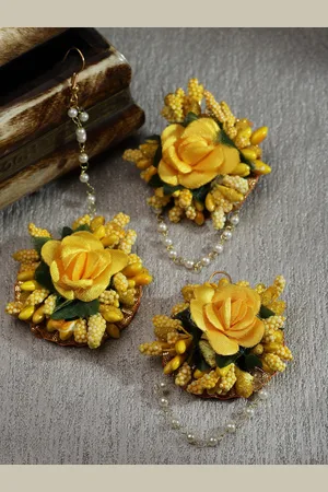 Kennice Gold-Plated Flower Haldi Mehandi Maang Tikka with Earrings
