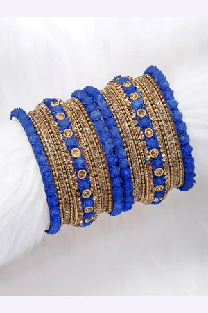 Peora Set of 18 Blue Gold Plated Bridal Floral Chuda Bangles