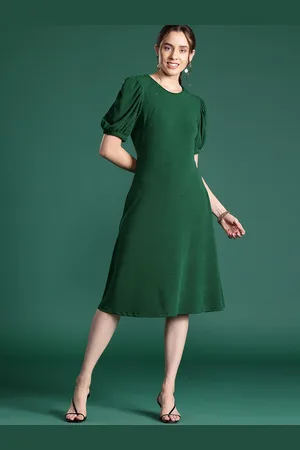 DressBerry Knitted Puff Sleeves A-Line Midi Dress