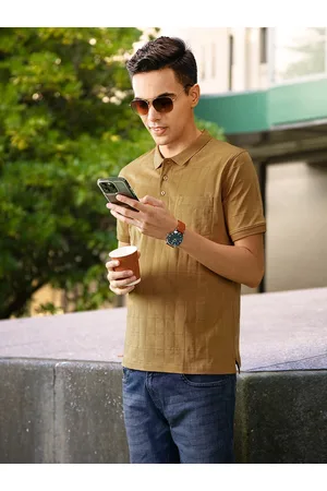 Indian Terrain Men Khaki Self-Checked Polo Collar Pure Cotton T-shirt