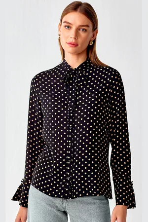 COVER STORY Polka Dot Printed Mandarin Collar Long Sleeves Casual Shirt
