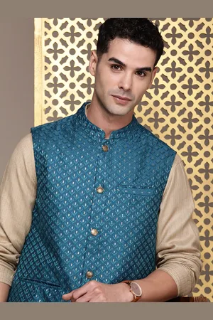 Buy Blue Linen Printed Chevron Nehru Jacket For Men by Gaurav Katta Online  at Aza Fashions.