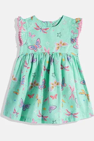 Mothercare Girls Conversational Print Pure Cotton Fit & Flare Dress with Pom-Pom Detail